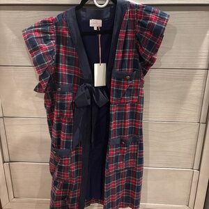 Navy plaid mini dress ruffle sleeves